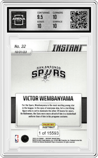 Victor Wembanyama from the 2023-24 Panini Instant NBA set graded by Arena Club and given an overall grade of 10.