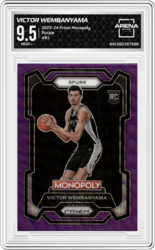 Victor Wembanyama from the 2023-24 Panini Prizm Monopoly set featuring a Purple  parallel graded by Arena Club and given an overall grade of 9.5.