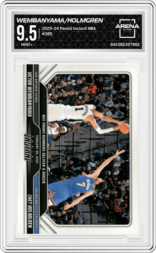 Victor Wembanyama/Chet Holmgren from the 2023-24 Panini Instant NBA set graded by Arena Club and given an overall grade of 9.5.