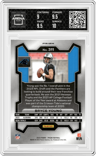 Bryce Young from the 2023 Panini Prizm set featuring a Disco parallel graded by Arena Club and given an overall grade of 9.5.