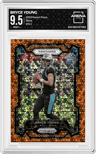 Bryce Young from the 2023 Panini Prizm set featuring a Disco parallel graded by Arena Club and given an overall grade of 9.5.