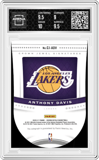 Anthony Davis from the 2020-21 Panini Crown Royale set featuring a FOTL parallel graded by Arena Club and given an overall grade of 9.5.