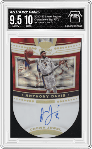 Anthony Davis from the 2020-21 Panini Crown Royale set featuring a FOTL parallel graded by Arena Club and given an overall grade of 9.5.