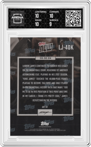 LeBron James from the 2023-24 Topps Now set graded by Arena Club and given an overall grade of 9.5.