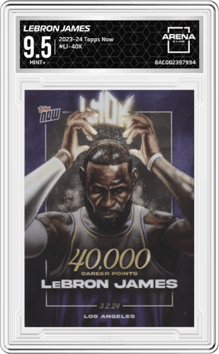 LeBron James from the 2023-24 Topps Now set graded by Arena Club and given an overall grade of 9.5.