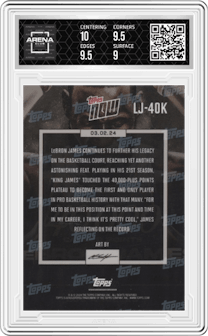 LeBron James from the 2023-24 Topps Now set graded by Arena Club and given an overall grade of 9.5.