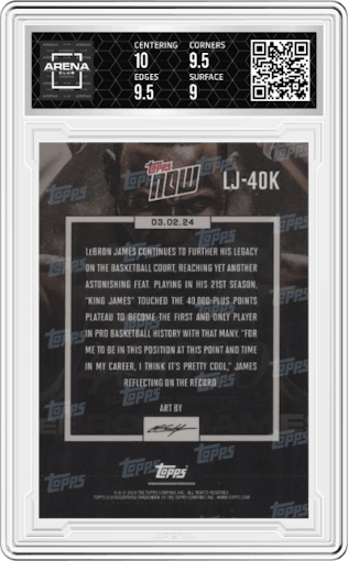 LeBron James from the 2023-24 Topps Now set graded by Arena Club and given an overall grade of 9.5.