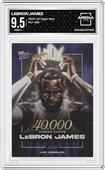 LeBron James from the 2023-24 Topps Now set graded by Arena Club and given an overall grade of 9.5.