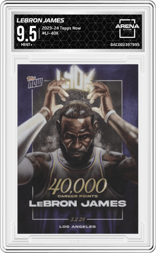 LeBron James from the 2023-24 Topps Now set graded by Arena Club and given an overall grade of 9.5.