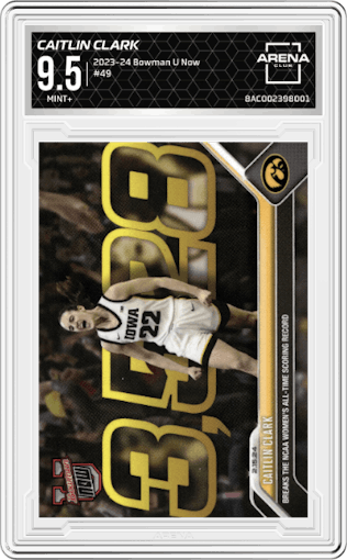 Caitlin Clark from the 2023-24 Bowman U Now set graded by Arena Club and given an overall grade of 9.5.