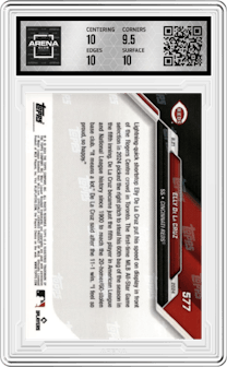Elly De La Cruz from the 2024 Topps Now set graded by Arena Club and given an overall grade of 10.
