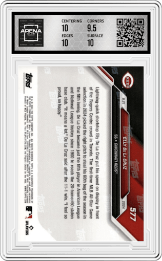 Elly De La Cruz from the 2024 Topps Now set graded by Arena Club and given an overall grade of 10.