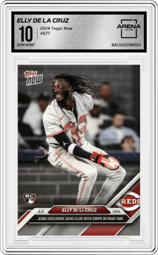 Elly De La Cruz from the 2024 Topps Now set graded by Arena Club and given an overall grade of 10.