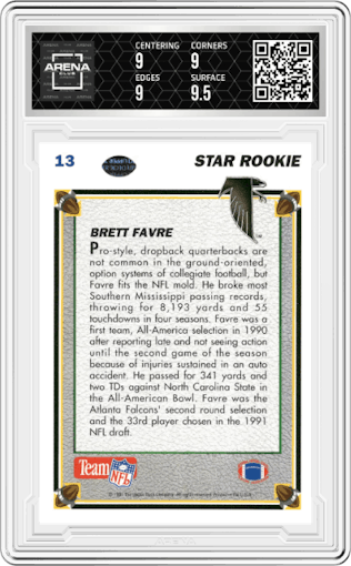 Brett Favre from the 1991 Upper Deck set graded by Arena Club and given an overall grade of 9.