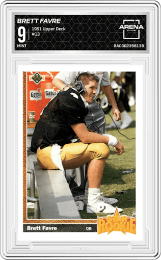 Brett Favre from the 1991 Upper Deck set graded by Arena Club and given an overall grade of 9.