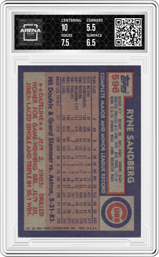 Ryne Sandberg from the 1984 Topps set graded by Arena Club and given an overall grade of 6.