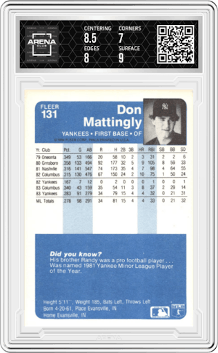 Don Mattingly  from the 1984 Fleer set graded by Arena Club and given an overall grade of 7.5.