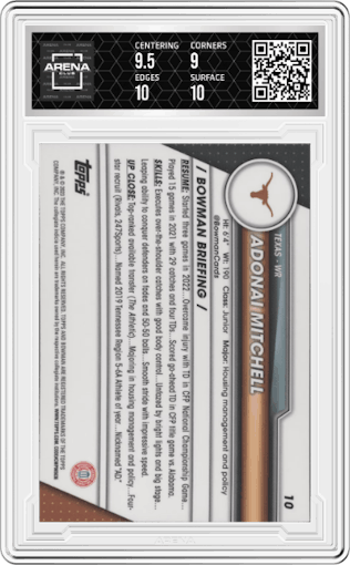 Adonai Mitchell from the 2023 Bowman Chrome University set graded by Arena Club and given an overall grade of 9.5.