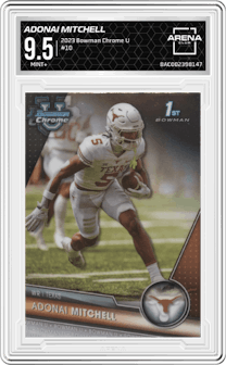 Adonai Mitchell from the 2023 Bowman Chrome University set graded by Arena Club and given an overall grade of 9.5.