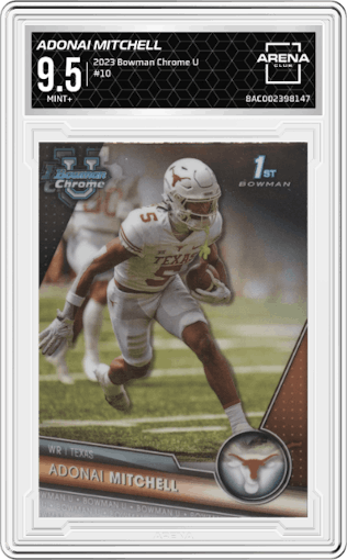 Adonai Mitchell from the 2023 Bowman Chrome University set graded by Arena Club and given an overall grade of 9.5.