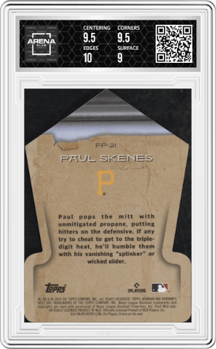 Paul Skenes from the 2024 Bowman's Best set featuring a Mini-Diamond Refractor parallel graded by Arena Club and given an overall grade of 9.5.