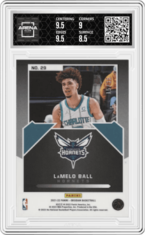 LaMelo Ball from the 2021-22 Panini Obsidian set featuring a Electric Etch Orange parallel graded by Arena Club and given an overall grade of 9.