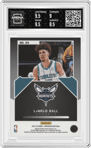 LaMelo Ball from the 2021-22 Panini Obsidian set featuring a Electric Etch Orange parallel graded by Arena Club and given an overall grade of 9.
