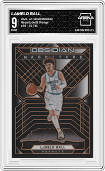 LaMelo Ball from the 2021-22 Panini Obsidian set featuring a Electric Etch Orange parallel graded by Arena Club and given an overall grade of 9.