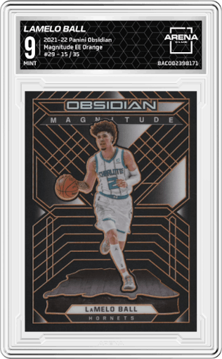 LaMelo Ball from the 2021-22 Panini Obsidian set featuring a Electric Etch Orange parallel graded by Arena Club and given an overall grade of 9.