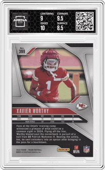 Xavier Worthy from the 2024 Panini Prizm set graded by Arena Club and given an overall grade of 9.