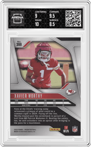 Xavier Worthy from the 2024 Panini Prizm set graded by Arena Club and given an overall grade of 9.