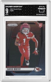 Xavier Worthy from the 2024 Panini Prizm set graded by Arena Club and given an overall grade of 9.