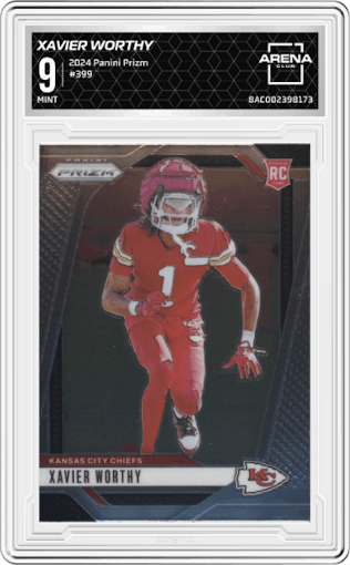 Xavier Worthy from the 2024 Panini Prizm set graded by Arena Club and given an overall grade of 9.