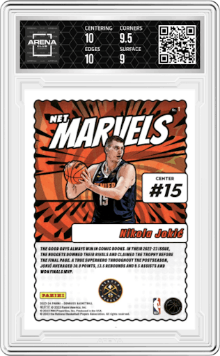 Nikola Jokic from the 2023-24 Panini Donruss set graded by Arena Club and given an overall grade of 9.5.