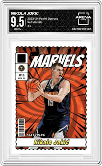 Nikola Jokic from the 2023-24 Panini Donruss set graded by Arena Club and given an overall grade of 9.5.