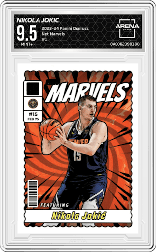Nikola Jokic from the 2023-24 Panini Donruss set graded by Arena Club and given an overall grade of 9.5.