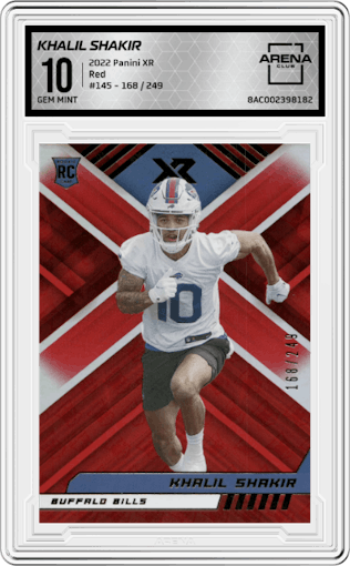 Khalil Shakir from the 2022 Panini XR set featuring a Red parallel graded by Arena Club and given an overall grade of 10.