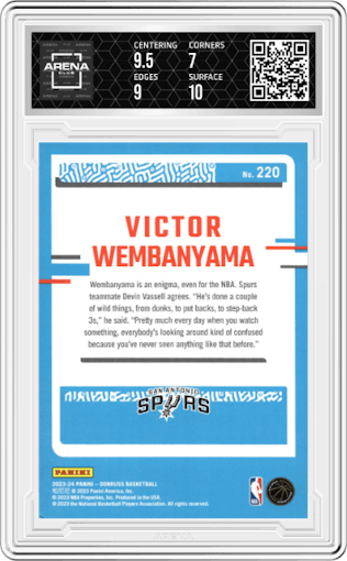 Victor Wembanyama from the 2023-24 Panini Donruss set graded by Arena Club and given an overall grade of 7.5.