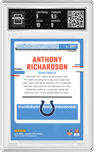Anthony Richardson from the 2023 Donruss Optic set featuring a Jazz parallel graded by Arena Club and given an overall grade of 9.5.