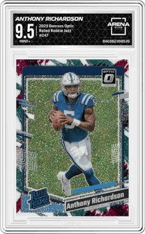 Anthony Richardson from the 2023 Donruss Optic set featuring a Jazz parallel graded by Arena Club and given an overall grade of 9.5.