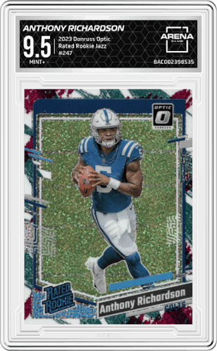 Anthony Richardson from the 2023 Donruss Optic set featuring a Jazz parallel graded by Arena Club and given an overall grade of 9.5.