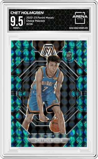 Chet Holmgren from the 2022-23 Panini Mosaic set featuring a Choice Peacock parallel graded by Arena Club and given an overall grade of 9.5.