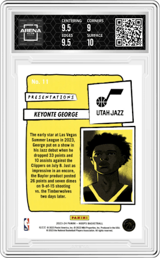 Keyonte George from the 2023-24 Panini NBA Hoops set graded by Arena Club and given an overall grade of 9.5.