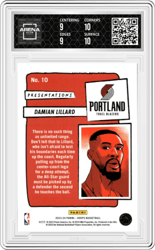 Damian Lillard from the 2023-24 Panini NBA Hoops set graded by Arena Club and given an overall grade of 9.5.