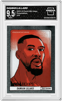 Damian Lillard from the 2023-24 Panini NBA Hoops set graded by Arena Club and given an overall grade of 9.5.