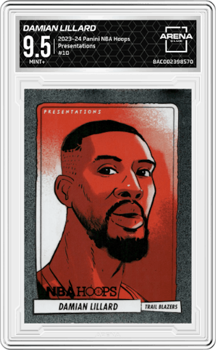 Damian Lillard from the 2023-24 Panini NBA Hoops set graded by Arena Club and given an overall grade of 9.5.