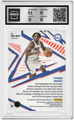 Tyrese Maxey from the 2023-24 Donruss Optic set graded by Arena Club and given an overall grade of 10.