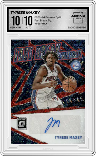 Tyrese Maxey from the 2023-24 Donruss Optic set graded by Arena Club and given an overall grade of 10.