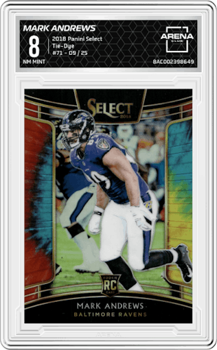 Mark Andrews from the 2018 Panini Select set featuring a Tie-Dye parallel graded by Arena Club and given an overall grade of 8.
