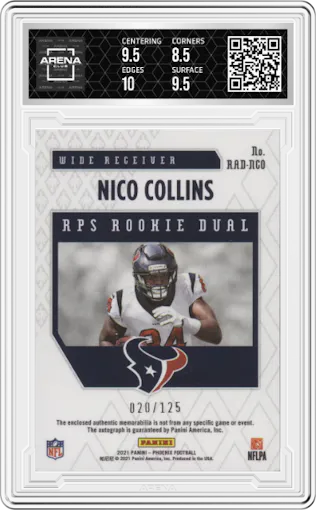 Nico Collins from the 2021 Panini Phoenix set featuring a Orange parallel graded by Arena Club and given an overall grade of 9.